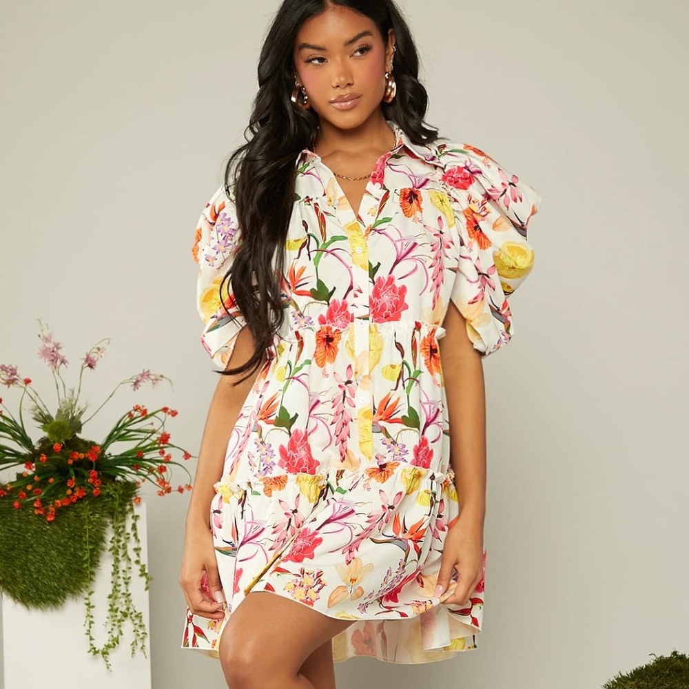 Shein Floral Print Puff Sleeve Smock Dress Size L
